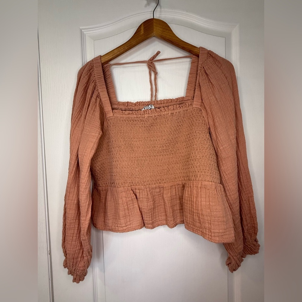 American Eagle Outfitters Smocked Square-Neck Peplum Top - Terracotta
